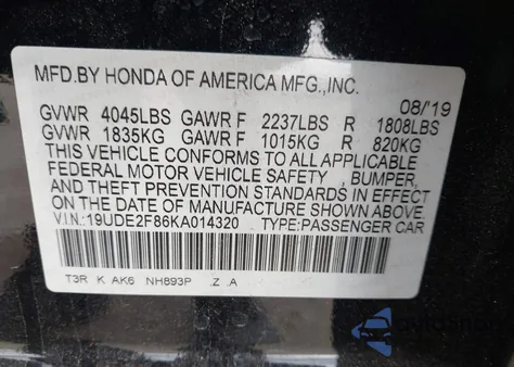 2019 Acura Ilx Premium A-Spec Packages/Technology A-Spec Packages z USA, uszkodzony, nr VIN 19UDE2F86KA014320